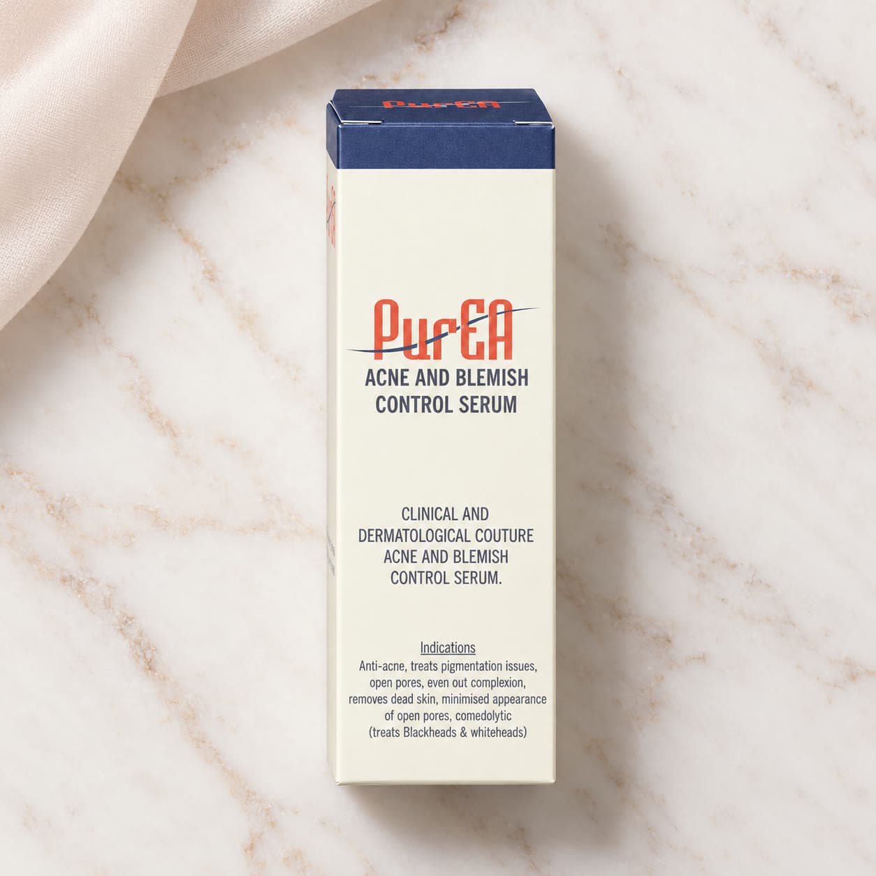 Pure EA Acne and Blemish Control Serum, on a marble surface