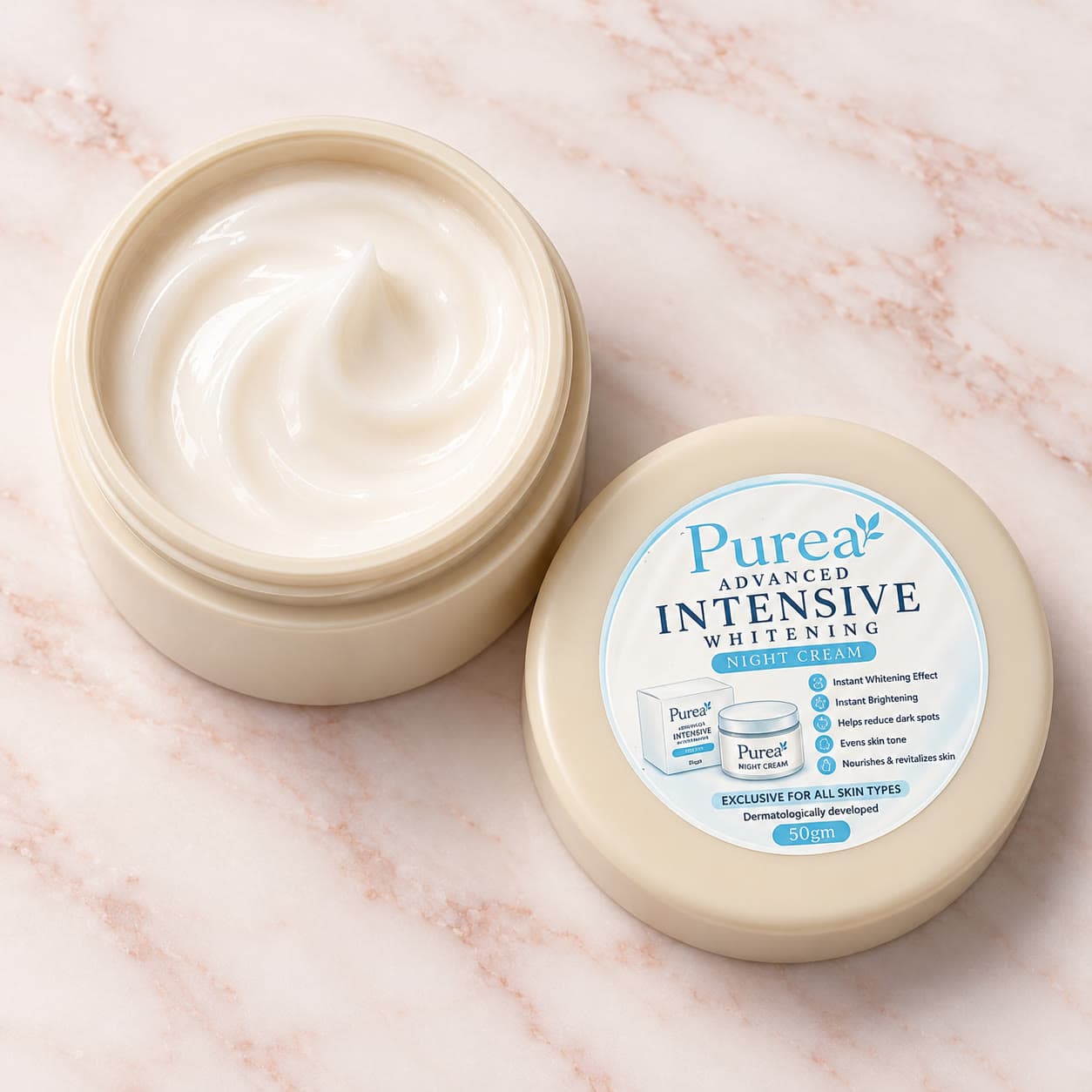 Pure EA Advance Hand and Feet Intensive Brightening Night Cream, on a marble surface