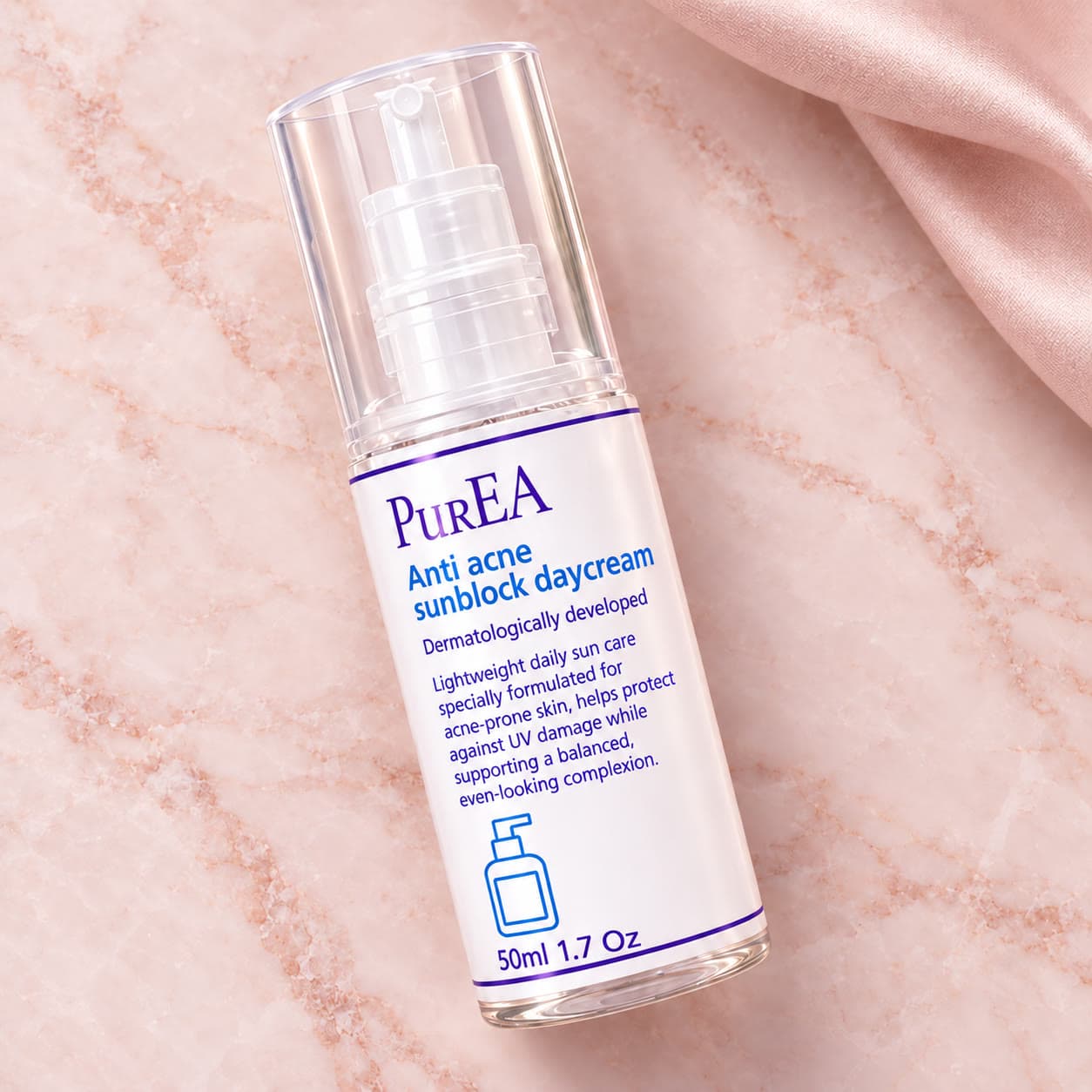 Pure EA Anti Acne Sunblock Day Cream, on a marble surface
