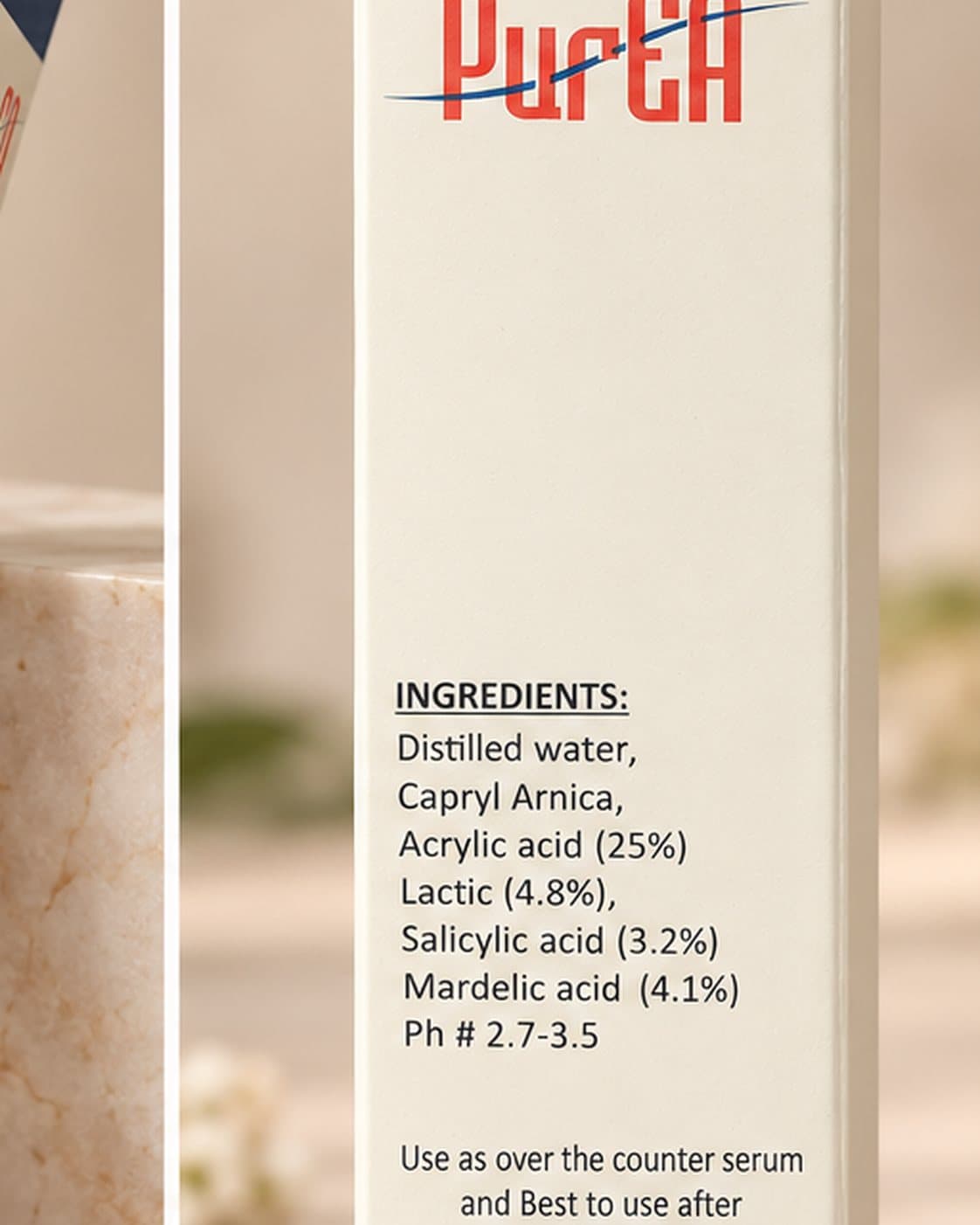 Pure EA Derma Lightening and Whitening Peel, back of the box with ingredients