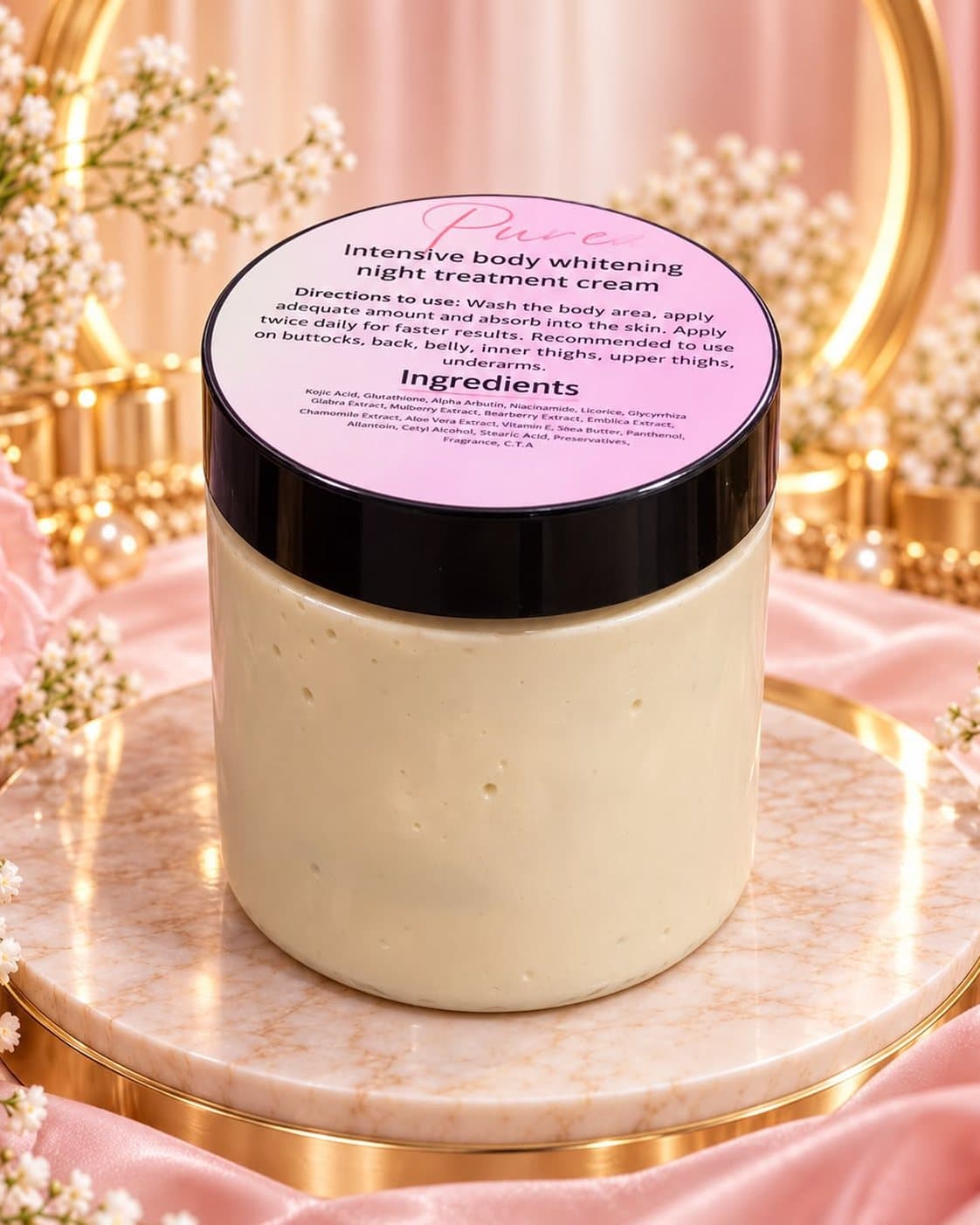 Pure EA Full Body Whitening Night Treatment Cream, jar with ingredients