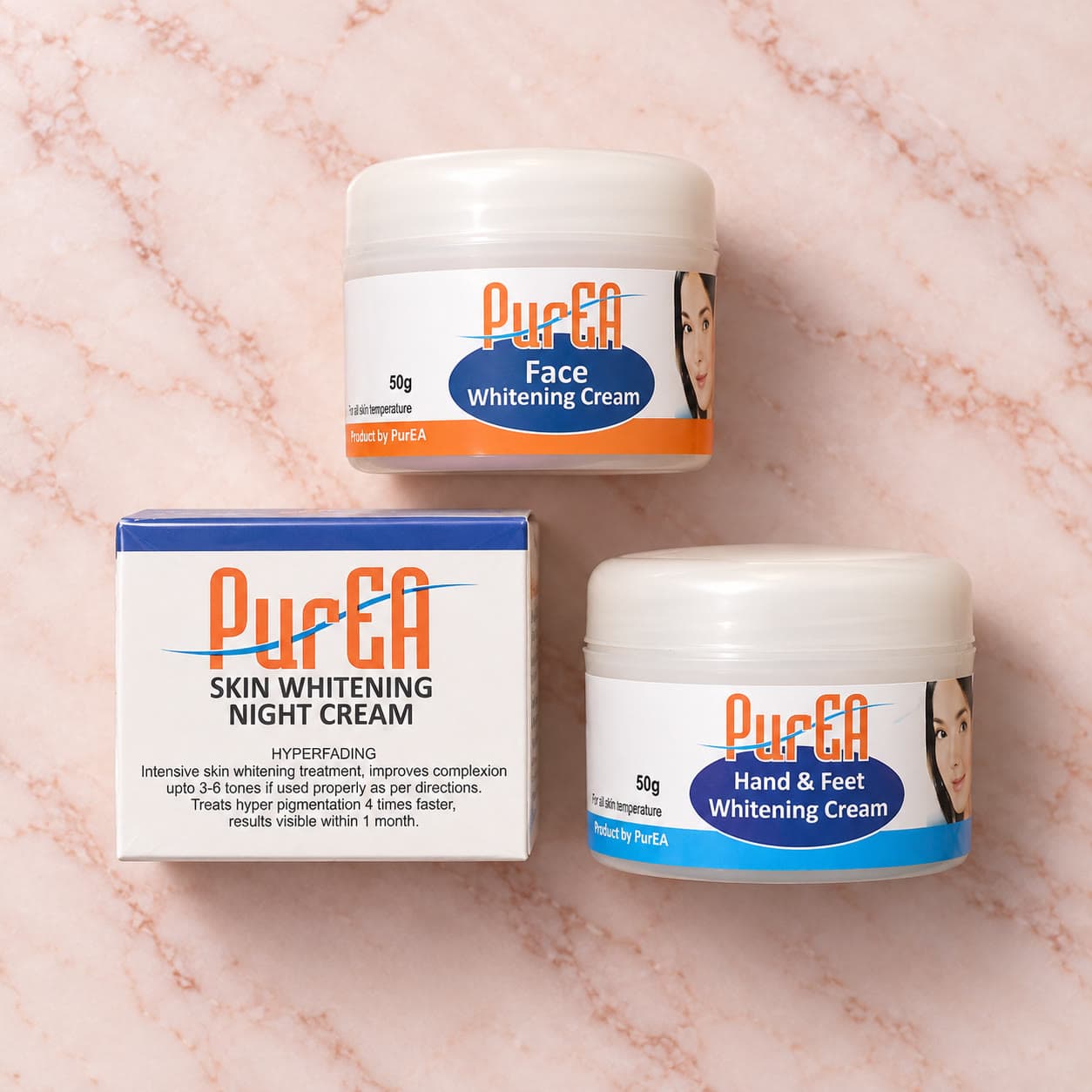 Pure EA Regular Face, Hand and Feet Whitening Duo, on a marble surface