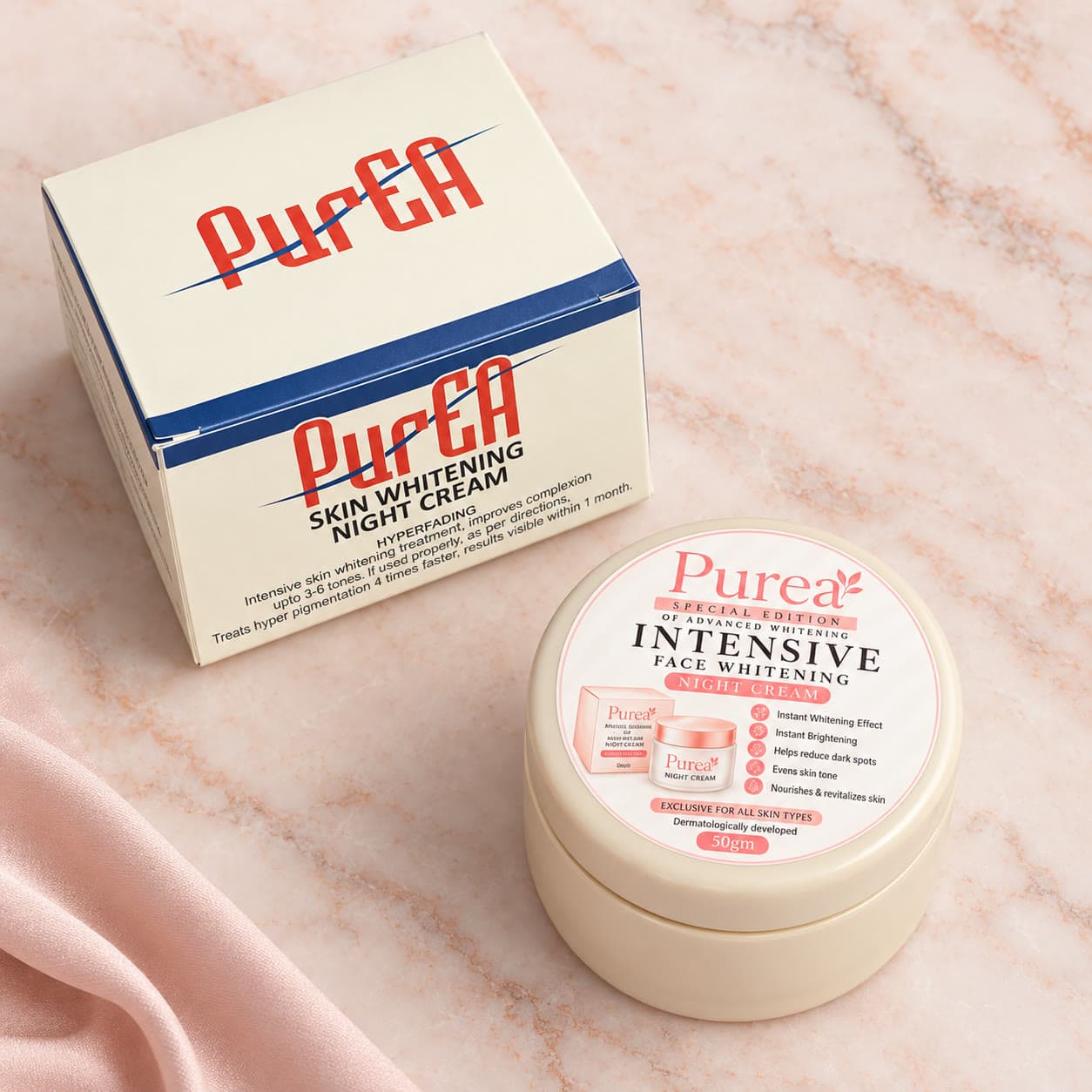Pure EA Special Advance Hyperfading Face Brightening Night Cream, on a marble surface