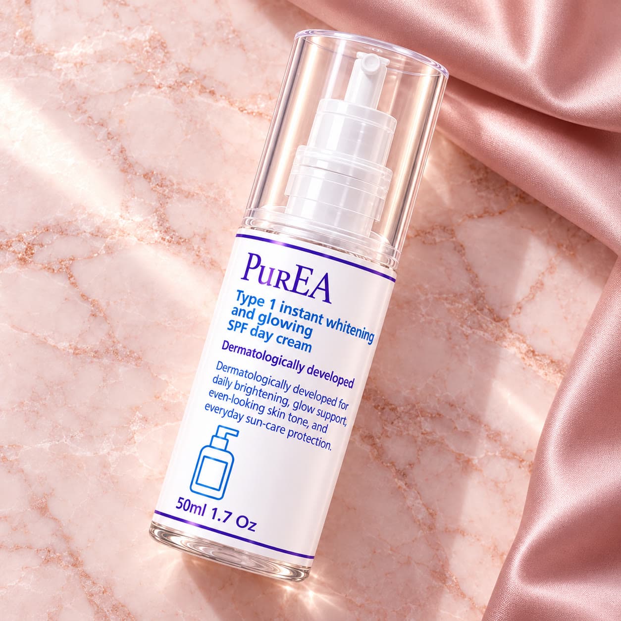 Pure EA Type 1 Instant Whitening and Glowing SPF Day Cream, on a marble surface